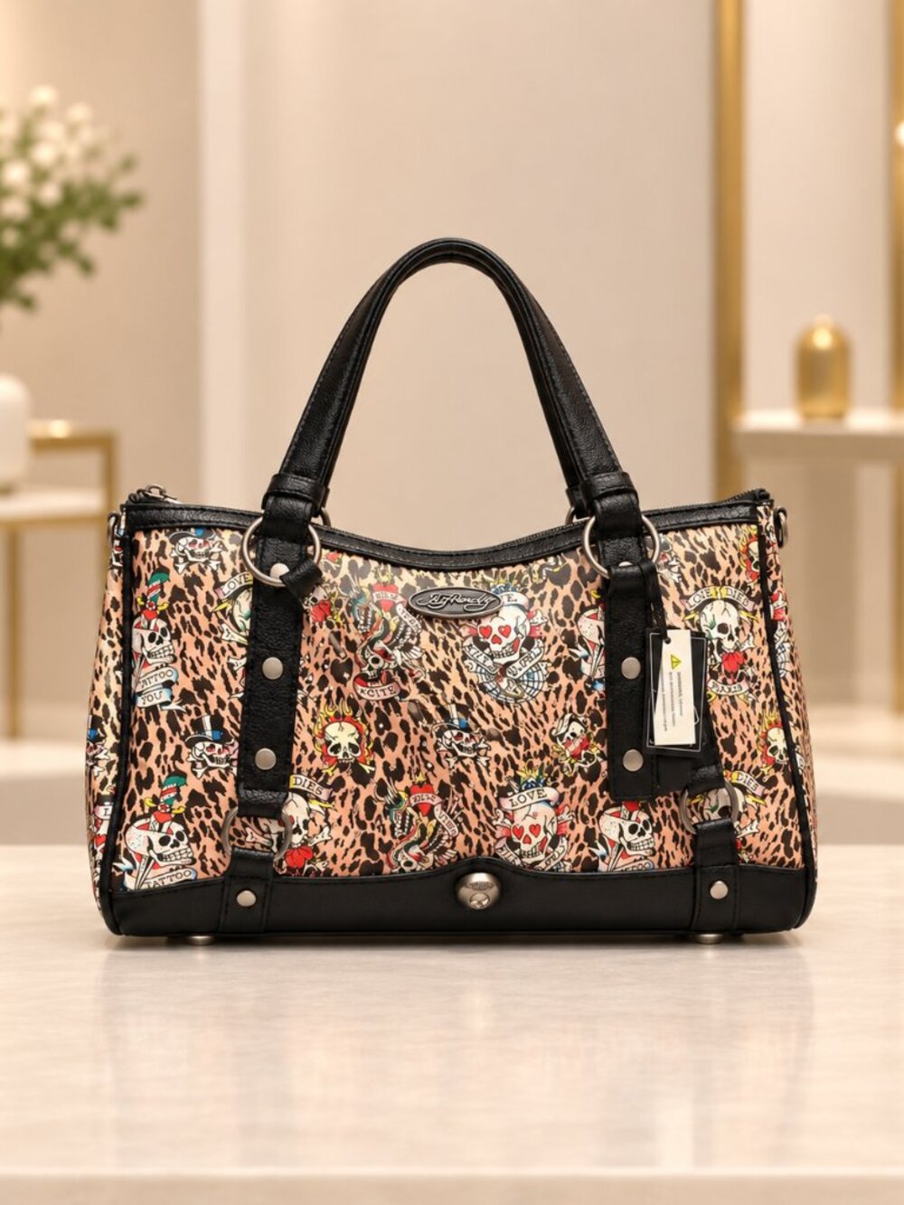 Ed Hardy Leopard Tattoo Skull Rhinestone Satchel Crossbody NWT